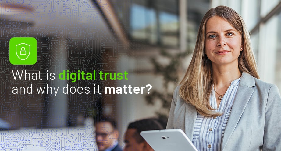 Professional woman holding a tablet with a background featuring a circuit board pattern and the headline - What is digital trust and why does it matter?