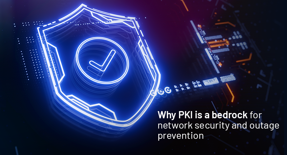 Glowing blue shield with checkmark symbolizing PKI-verified security alongside a circuit board representing network infrastructure