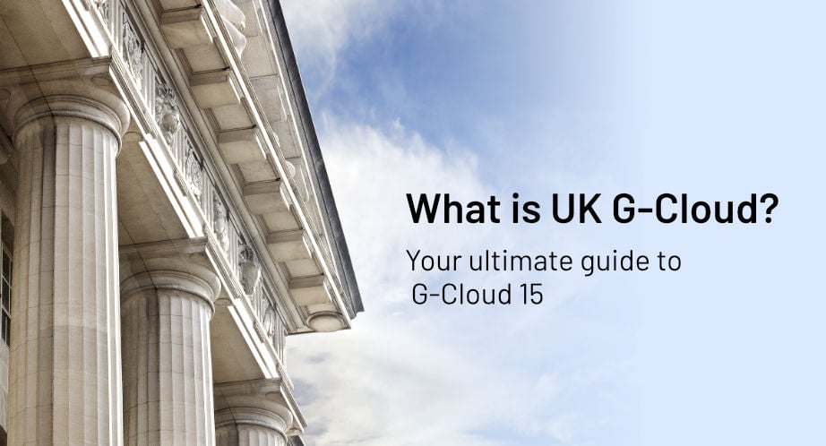 Classical UK government building with stone columns, alongside the Crown Commercial Service Supplier badge, for a guide to G-Cloud 15