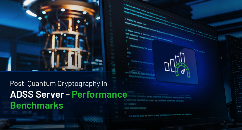 Futuristic quantum computing hardware alongside a performance dashboard on a dark blue digital interface