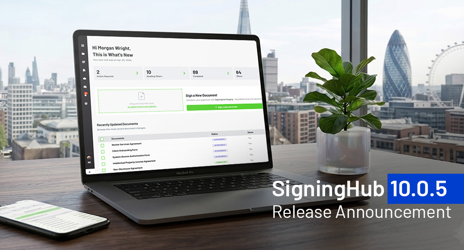 SigningHub enterprise digital signing platform interface displayed on a laptop with a London city background