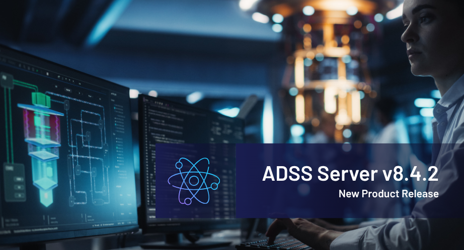 Professional working at a multi-monitor setup displaying code and molecular structure diagrams, with an atom icon and text overlay reading ADSS Server v8.4.2 New Product Release