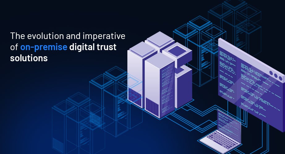 Abstract isometric 3D visualization of on-premise server racks transitioning from wireframe models to solid infrastructure, representing the evolution of secure digital trust solutions.